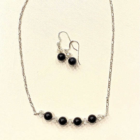 Handcrafted Black Onyx and Clear Quartz Necklace and Earring Set - Picture 6 of 6